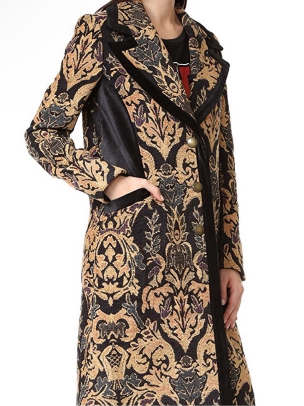 Free People Jacquard Blocked Black and Gold Brocade Women's Coat Size L - Picture 3 of 8